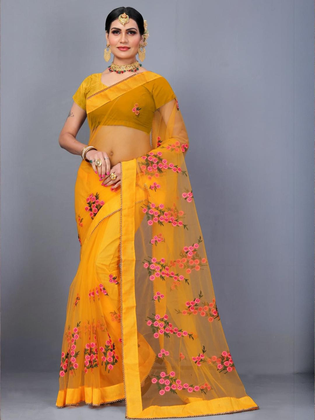 PATLANI STYLE Floral Embroidered Net Saree with Moti Lace Border