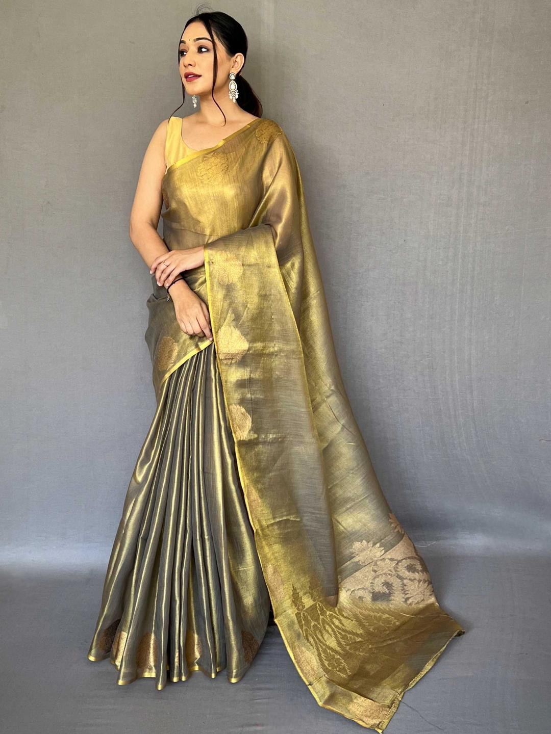 KALINI Gold Woven Design Tissue Sarees