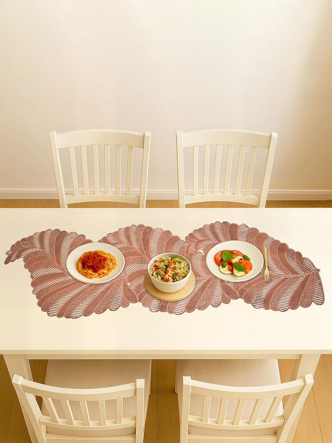 Aura Beige Leaf Design Leather Waterproof Table Runner