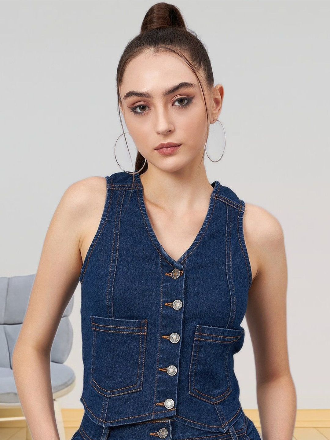 R.Code by The Roadster Life Co. Women V-Neck Denim Vest Top