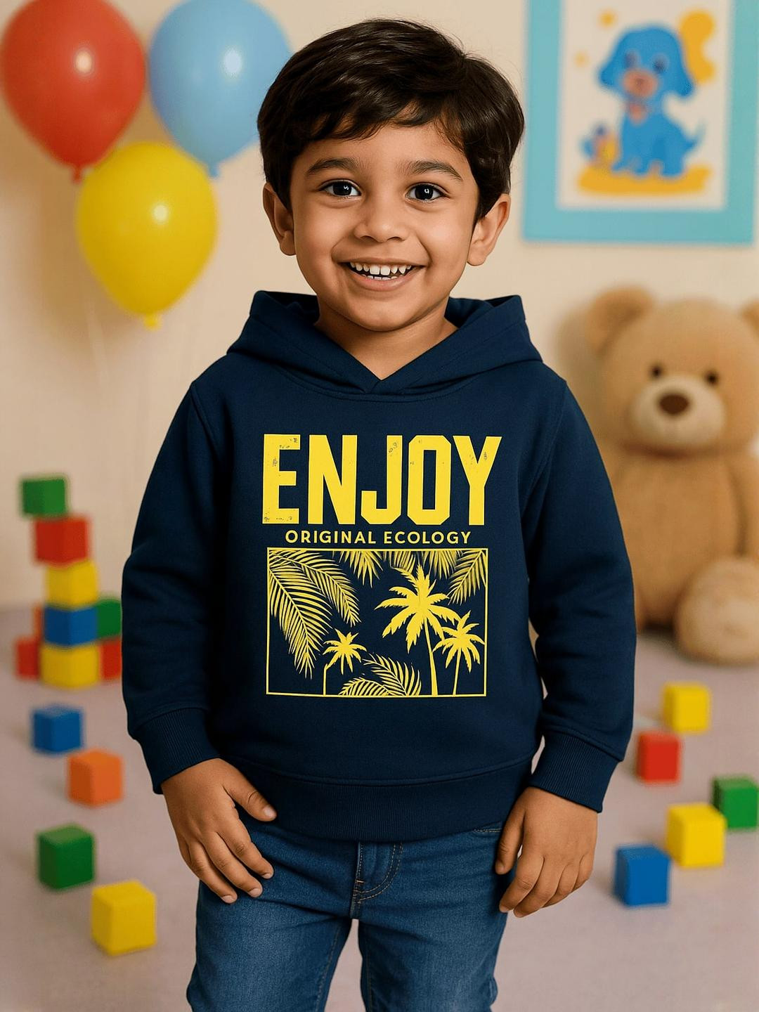 WAAMY69 Unisex Kids Printed Blue Hooded Sweatshirt