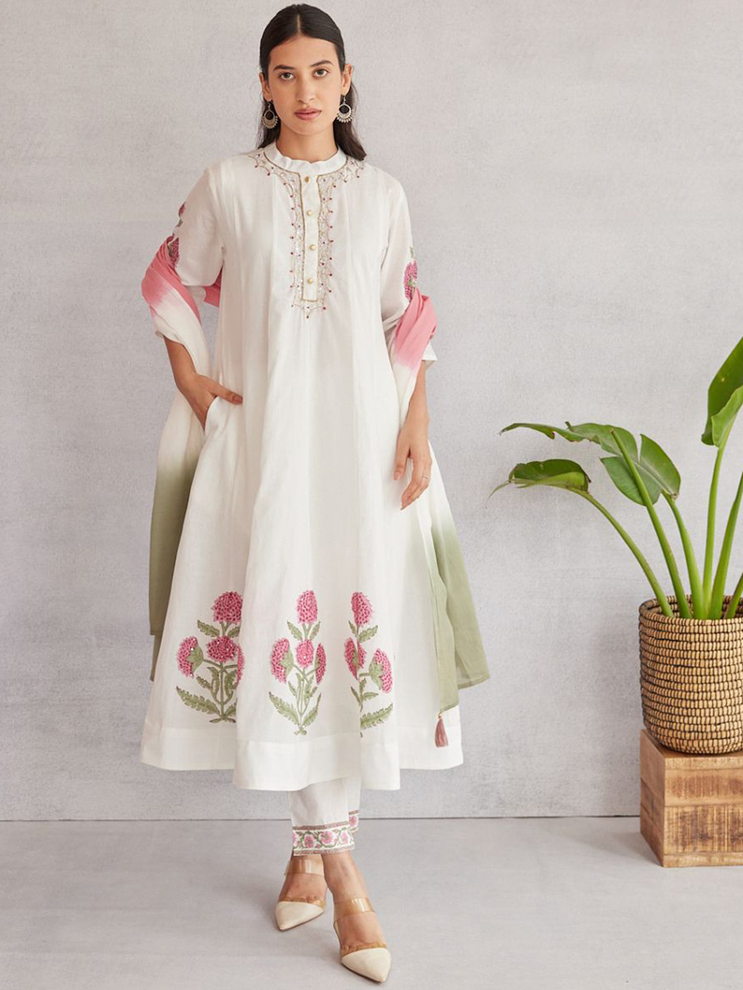 MAAND Block Print with Addawork Mandarin Collar Pure Cotton Kurta With Trousers And Dupatta