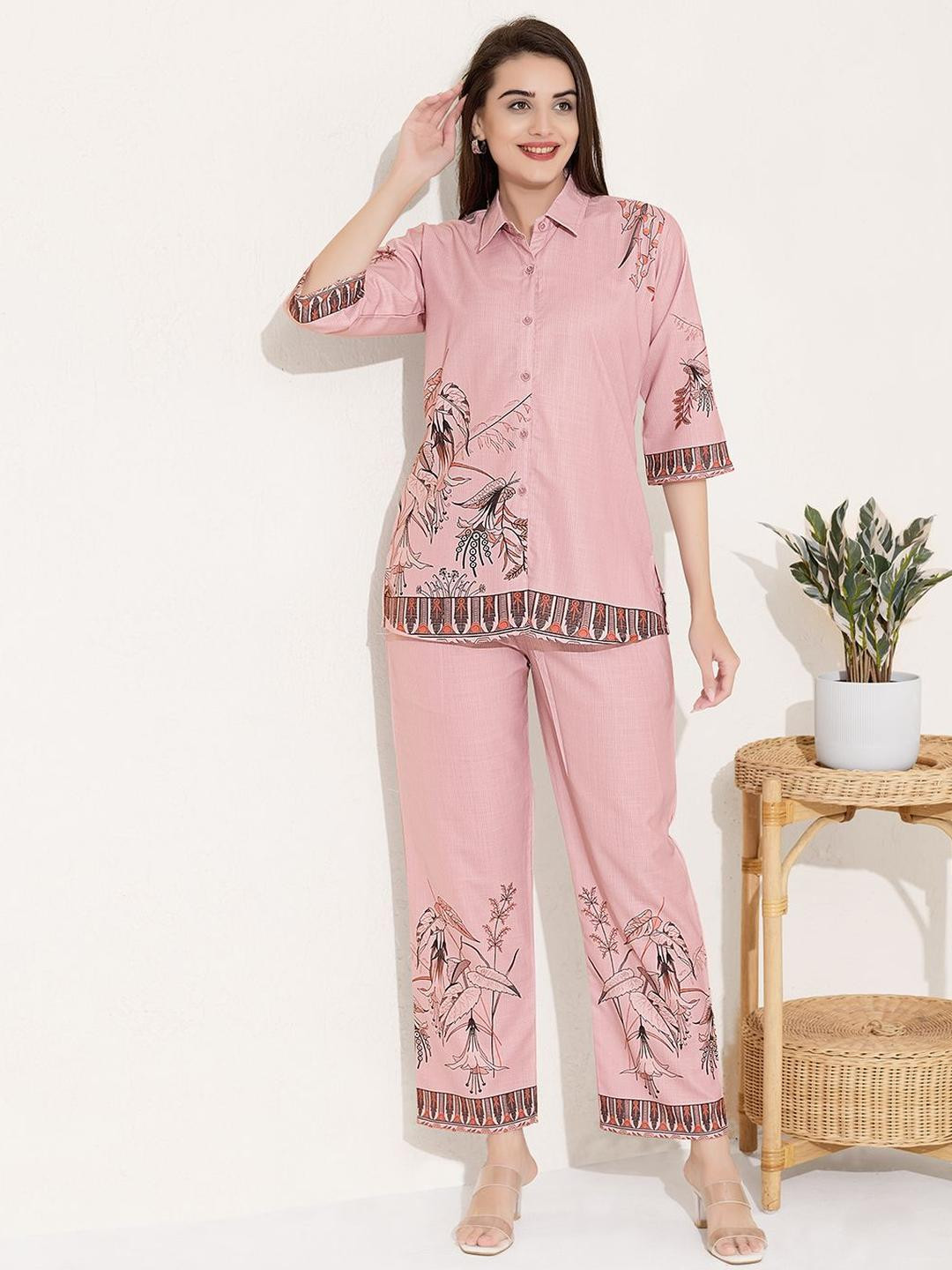 QUIRA Printed Romantic Florals Shirt Collar Tunic With Trousers