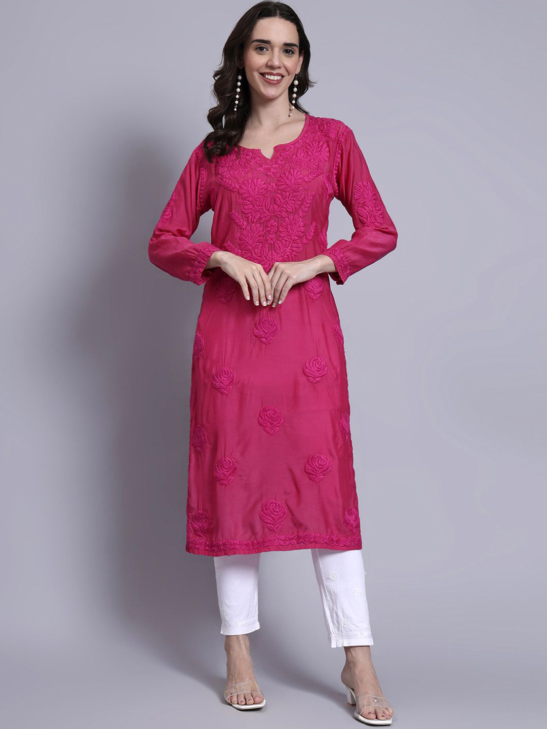 The Chikan Label Women Ethnic Motifs Embroidered Festive Straight Sama Muslin Kurta