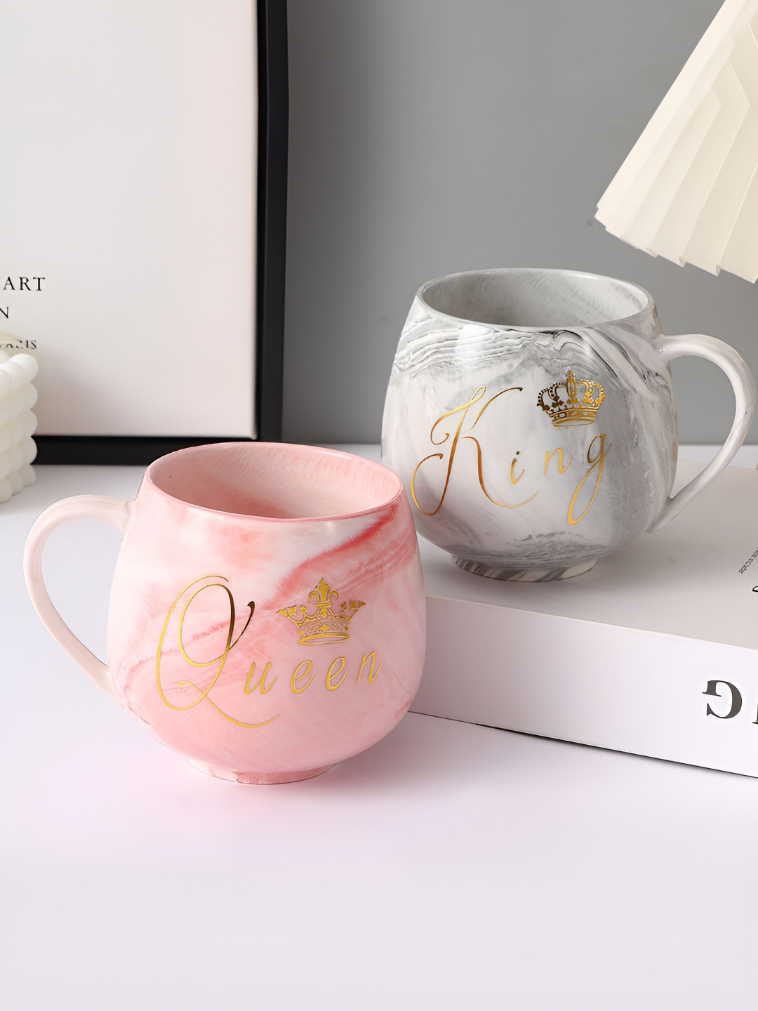 TIED RIBBONS Grey & Pink 2 Pieces Typography Printed Ceramic Glossy Mugs