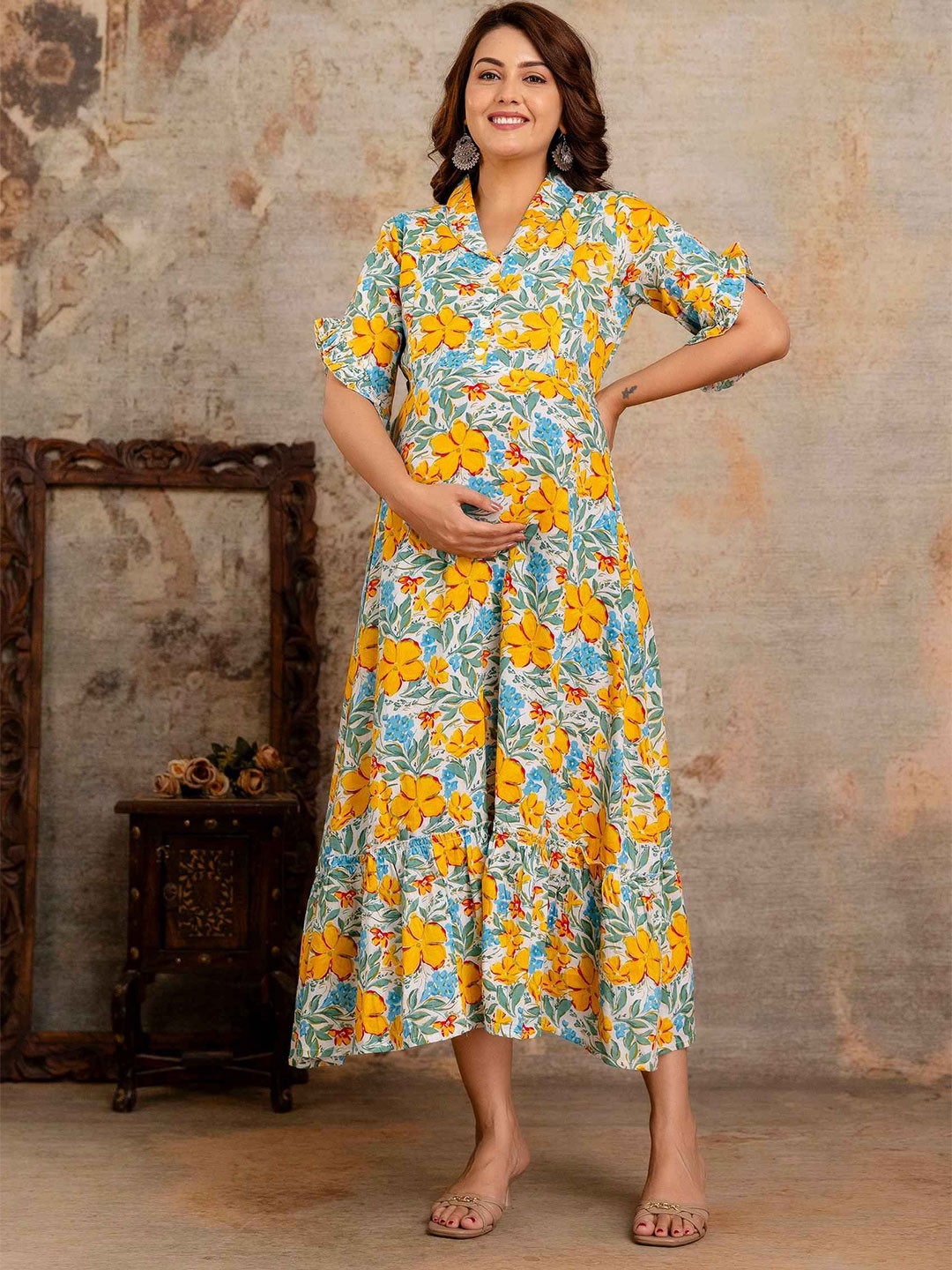 Henal Women V-Neck Floral Print Maternity Cotton Fit and Flare Midi Dress