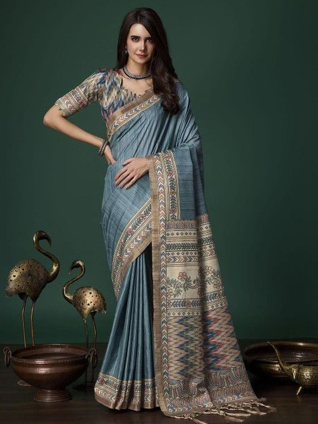 KARAGIRI Floral Printed Mangalagiri Silk Saree With Blouse Piece