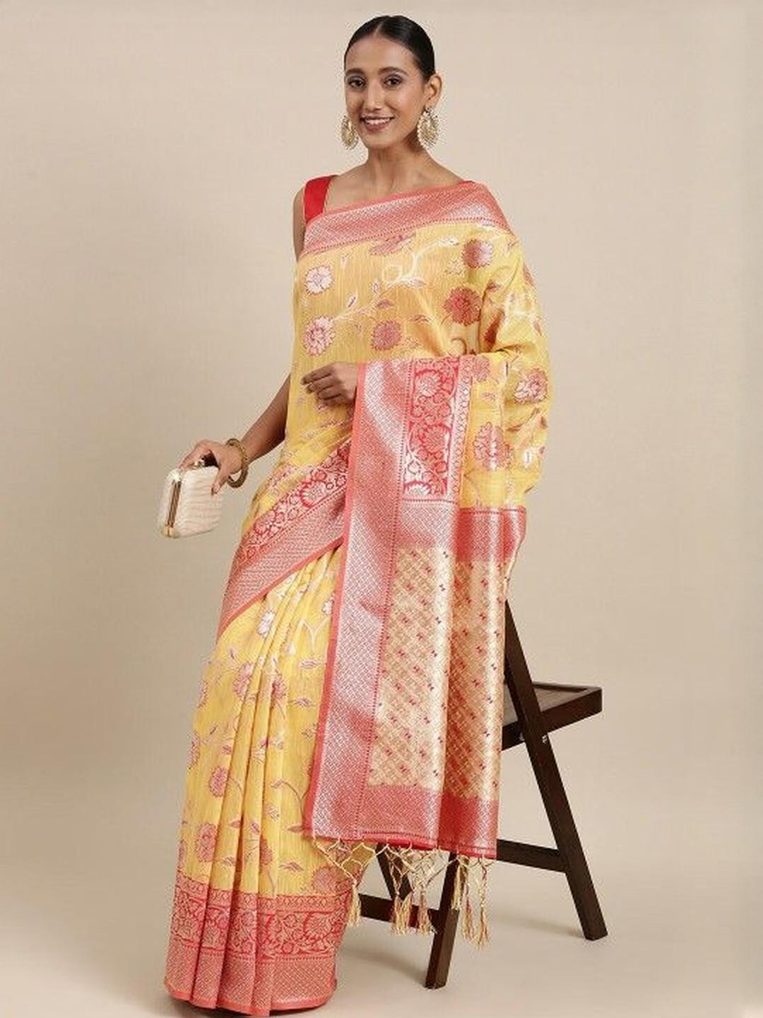 KARAGIRI Yellow Banarasi Cotton Saree With Blouse Piece
