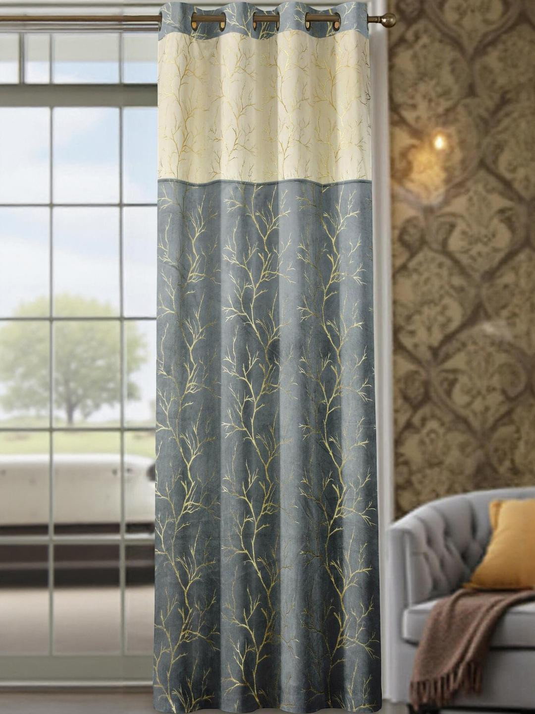 IVAZA Grey & Cream-Coloured Floral Black Out Long Door Curtain