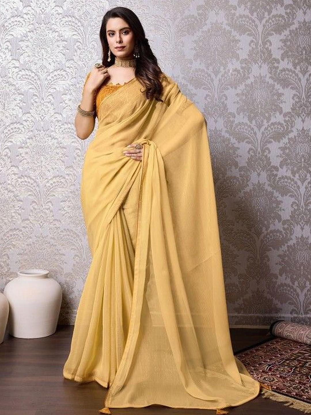 KARAGIRI Yellow Chiffon Saree With Blouse Piece