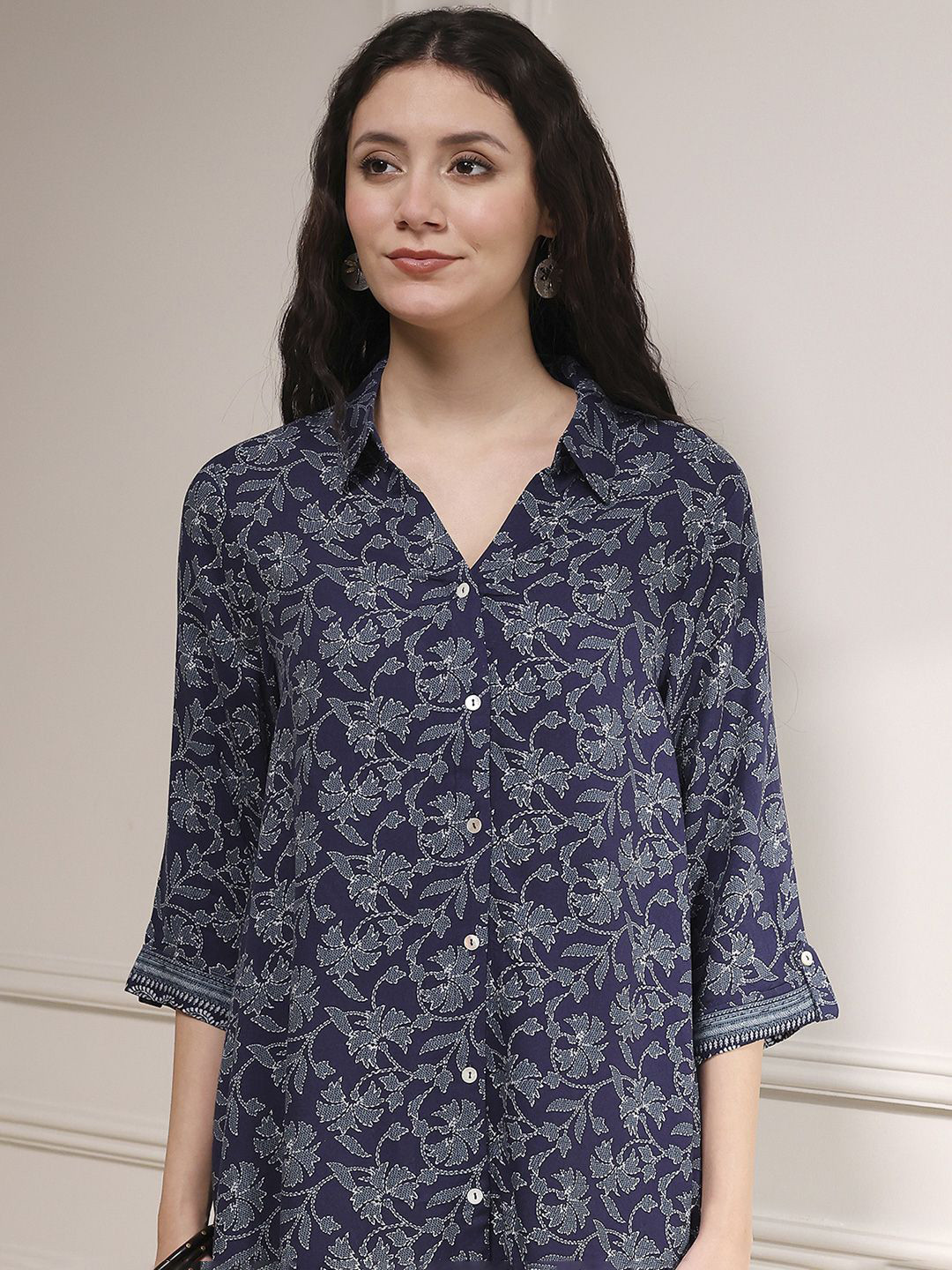 Biba Floral Printed Shirt Collar Roll Up Sleeves Tunics