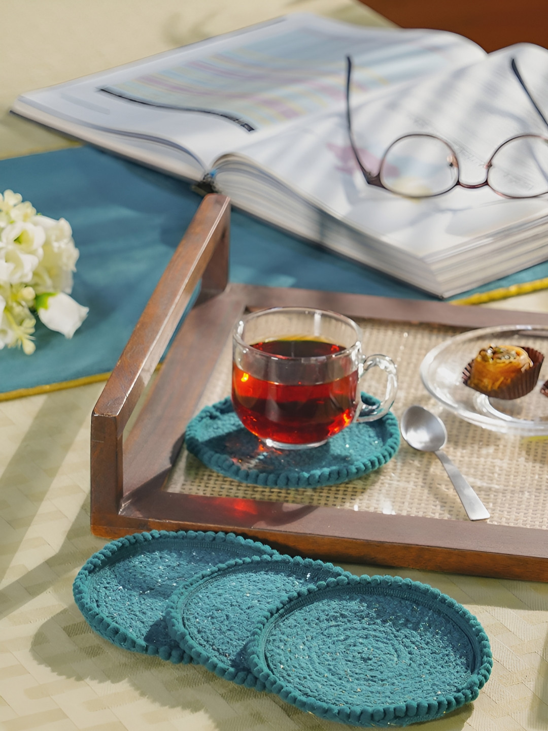 MASPAR Peacock Blue 4 Pieces Cotton Standard Coaster