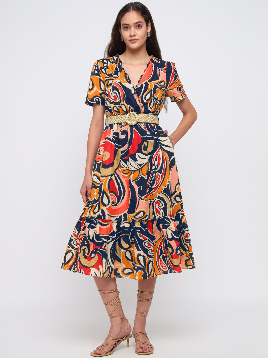 COVER STORY Abstract Printed V-Neck Fit & Flare Midi Dress