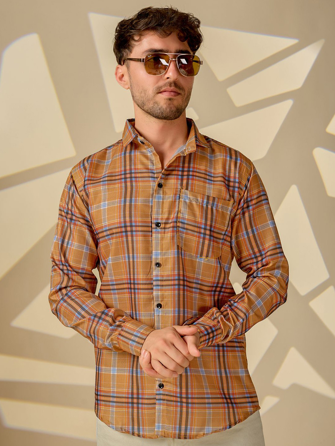 REFINEDLOOK Classic Spread Collar Tartan Checks Checked Cotton Linen Opaque Shirt