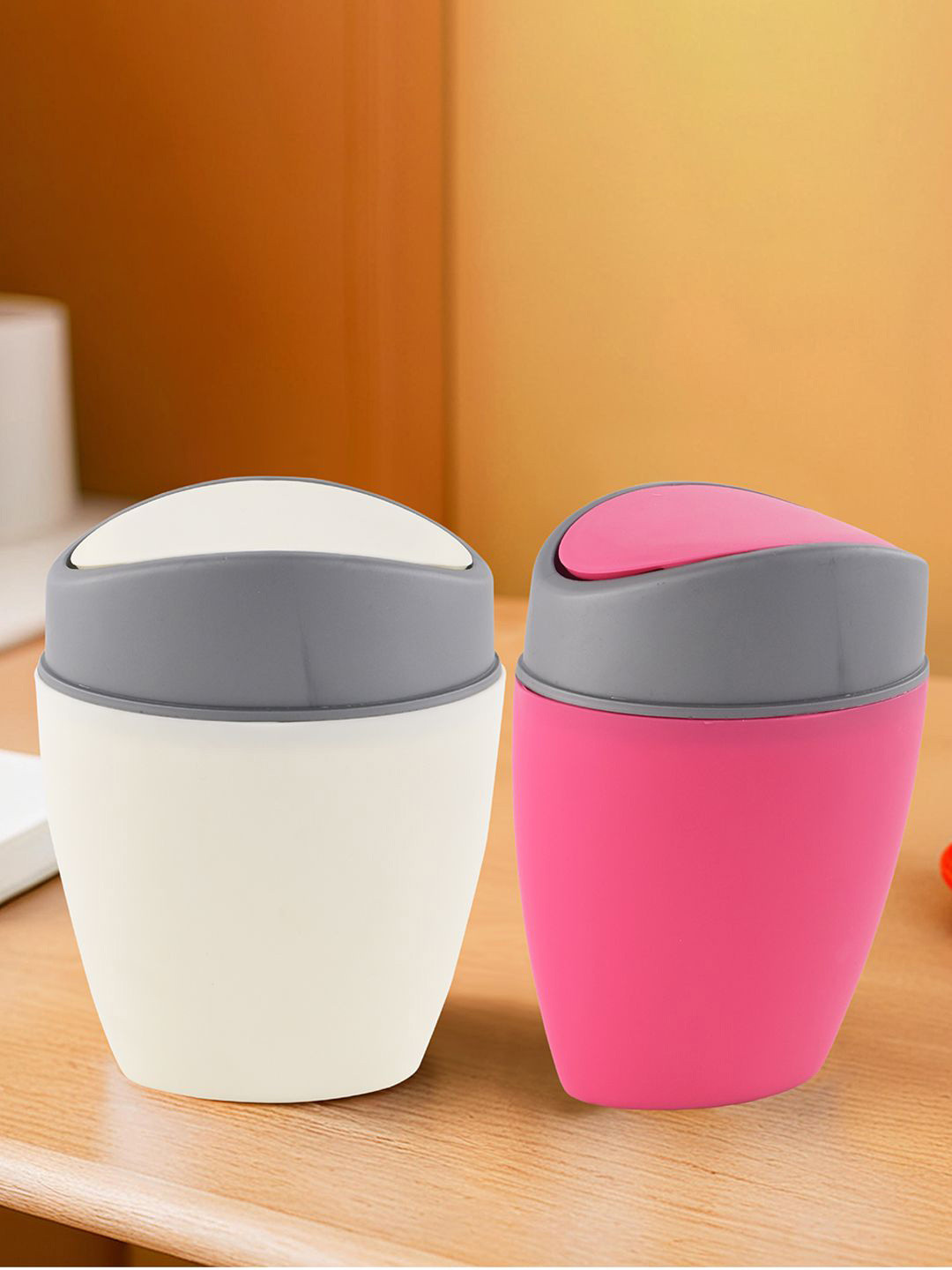 Kuber Industries 2Pcs White & Pink Portable Mini Dustbin With Swing Lid- 2.5 L Each