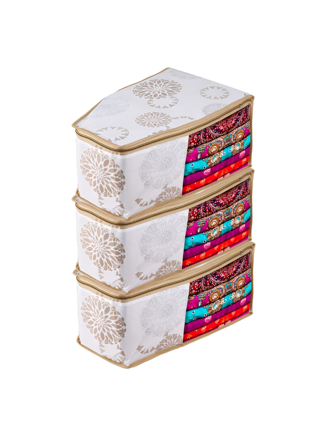 Aura White & Beige 3 Pieces Printed Blouse Storage Bag Drawer Organisers