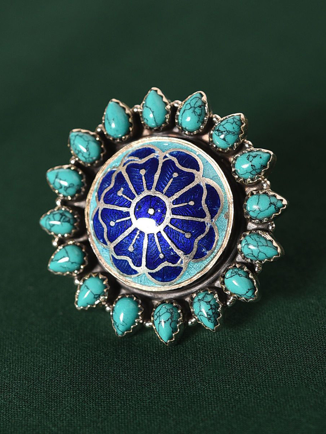 JAYPORE Silver Turquoise Stone Studded Adjustable Finger Ring