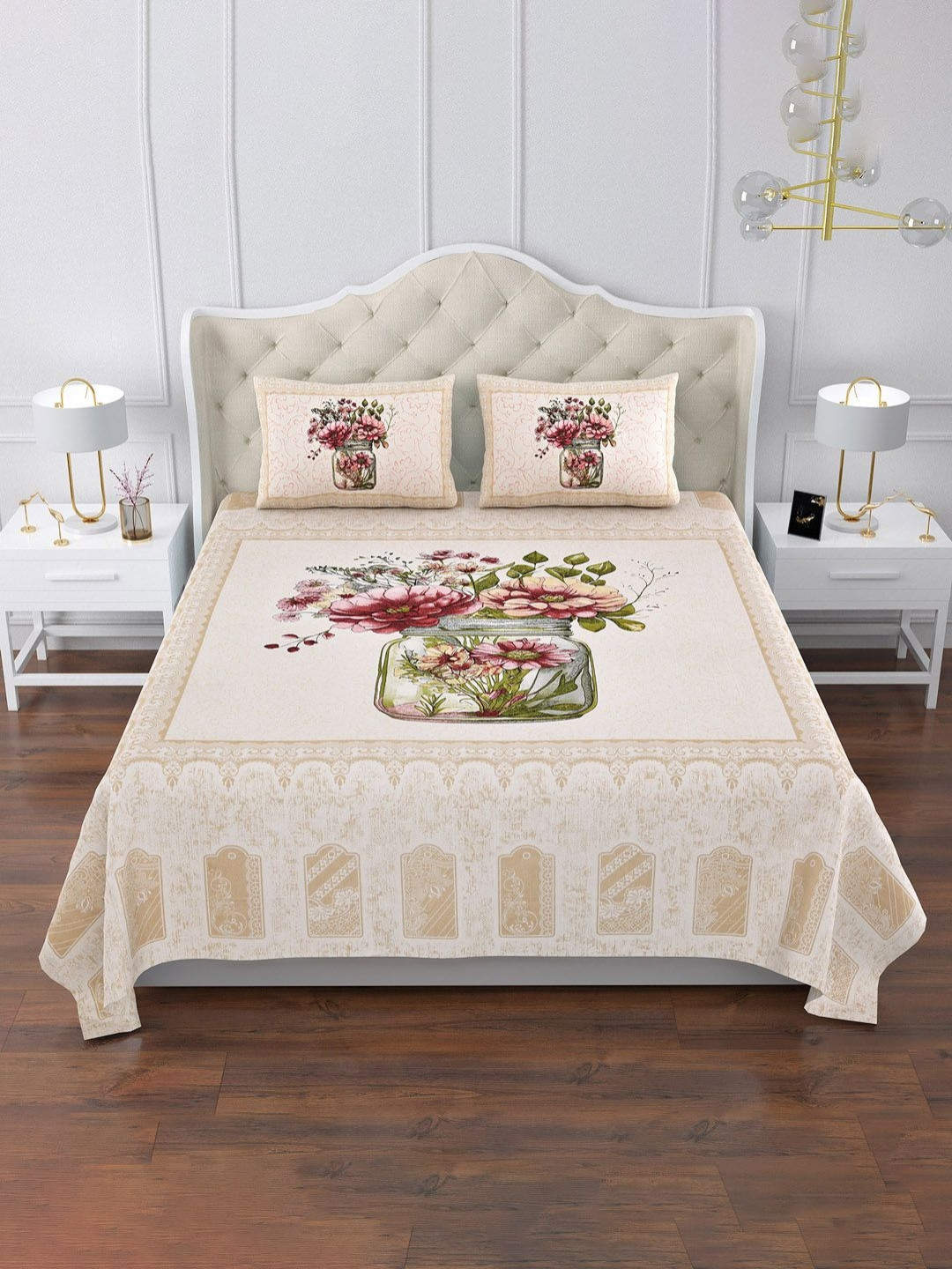 Aura Cream & Green Graphic Printed 160 TC King Bedsheet Set-2.72m x 2.29 m x 0.1 m