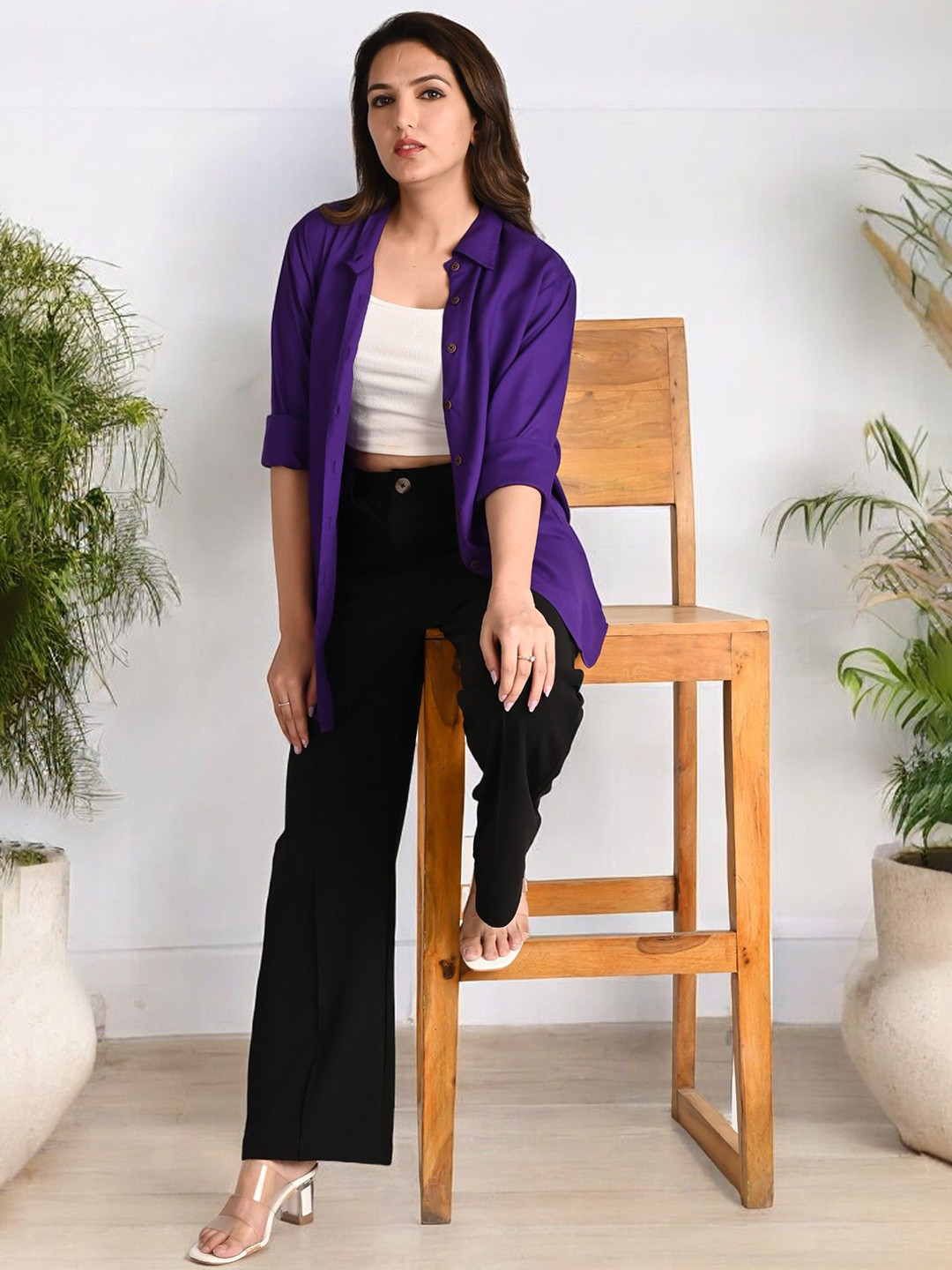 The Trending Company Women Relaxed Oversized Fit Solid Spread Collar Casual Shirt