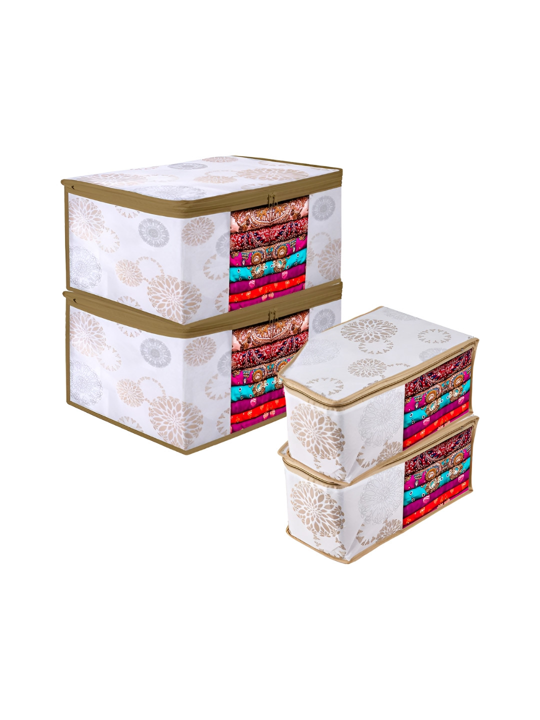 Aura White & Gold Toned 4 Pieces Saree Cover Combo Set