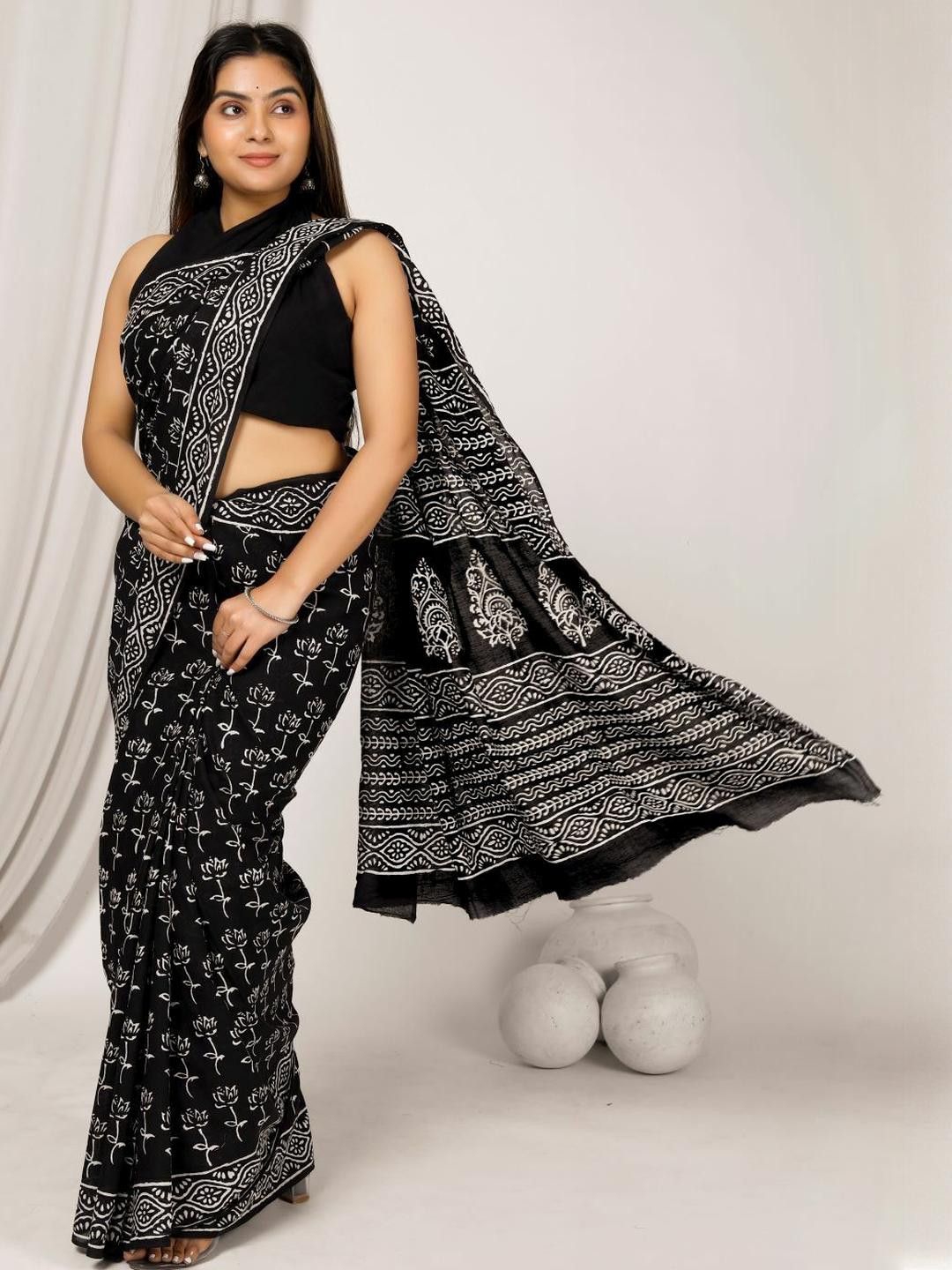 Dastkar Krishna Floral Pure Cotton Block Print Saree