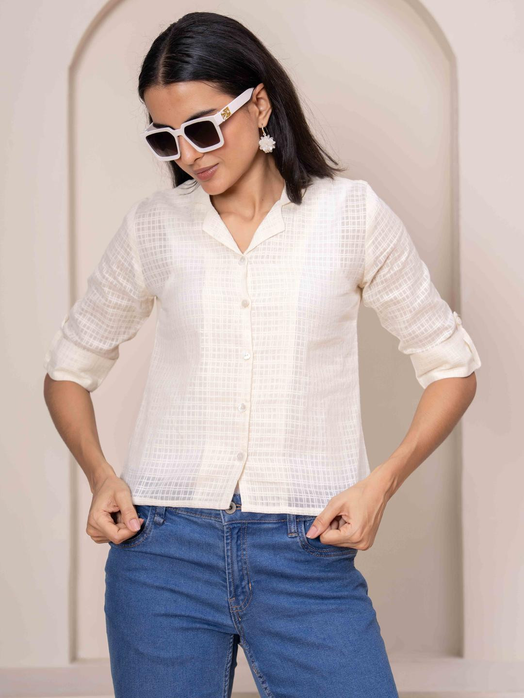 SZN Women Cream Cotton Printed Tops