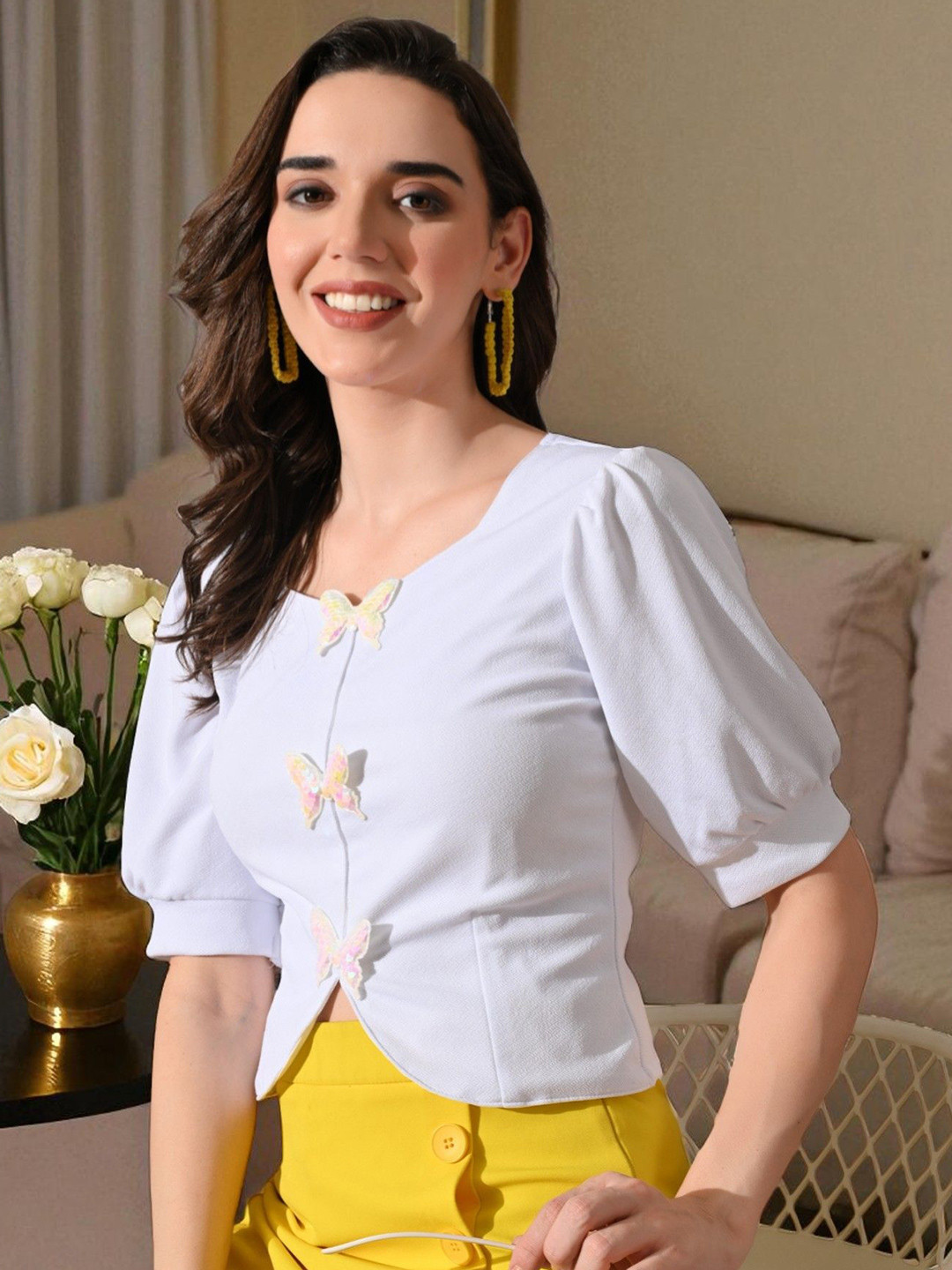 BAESD Butterfly Applique Puff Sleeves Sweetheart Neck Top