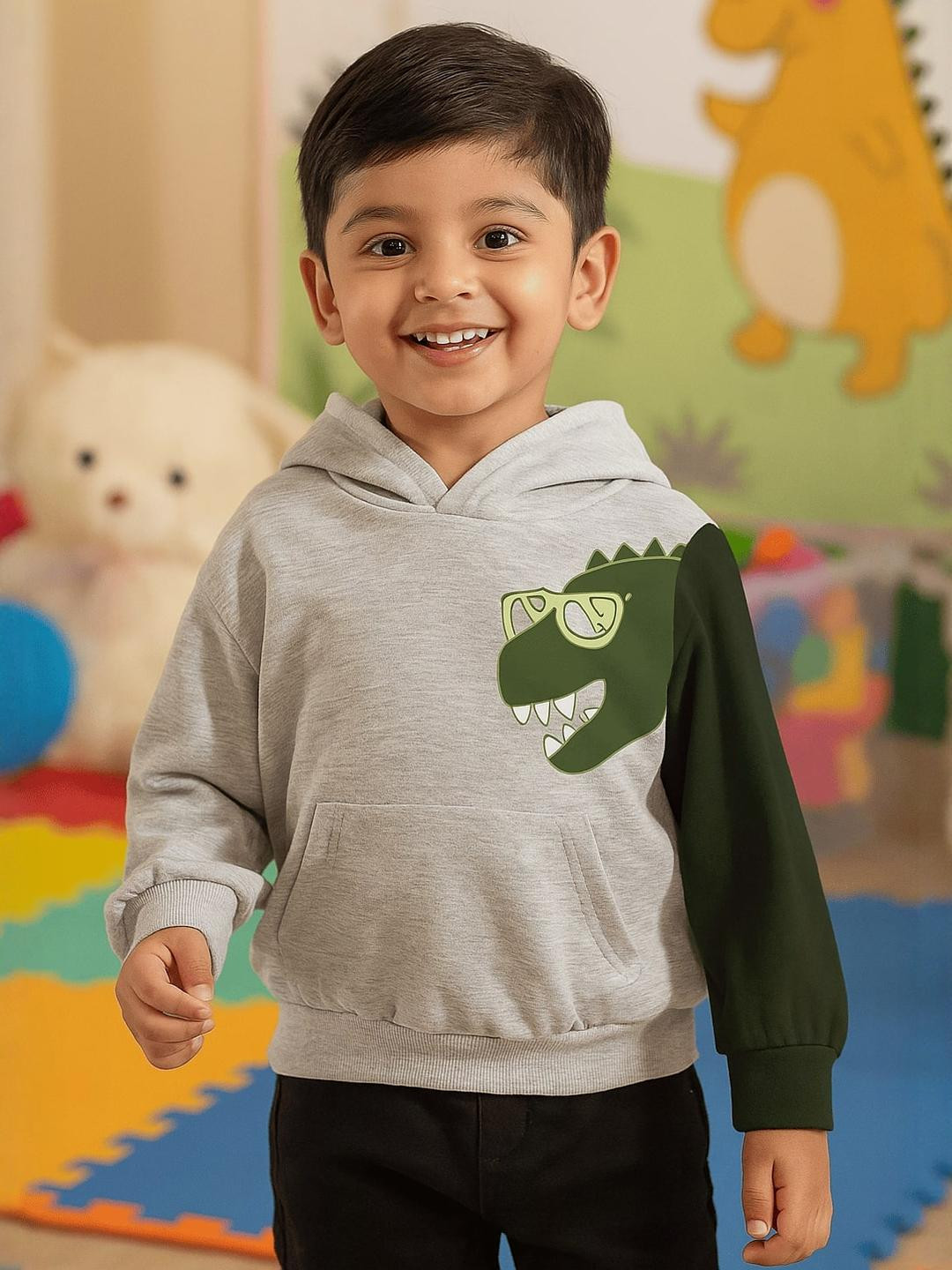 WAAMY69 Unisex Kids Printed Grey Hooded Sweatshirt