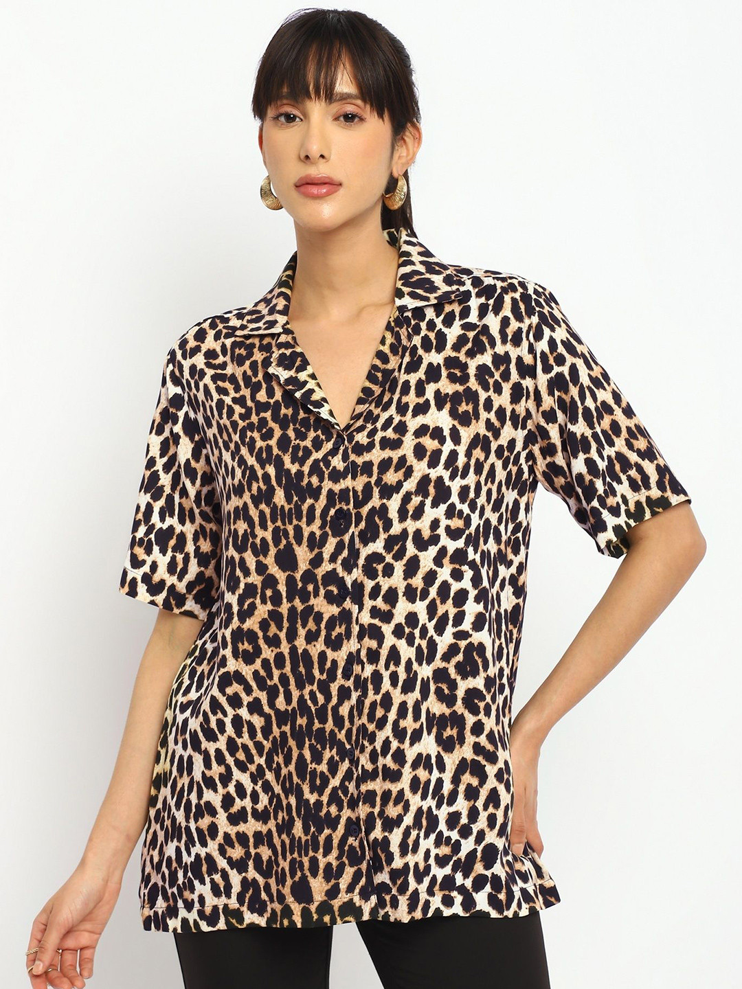 theulluu.com Women Animal Printed Roll-Up Sleeves Shirt Style Top