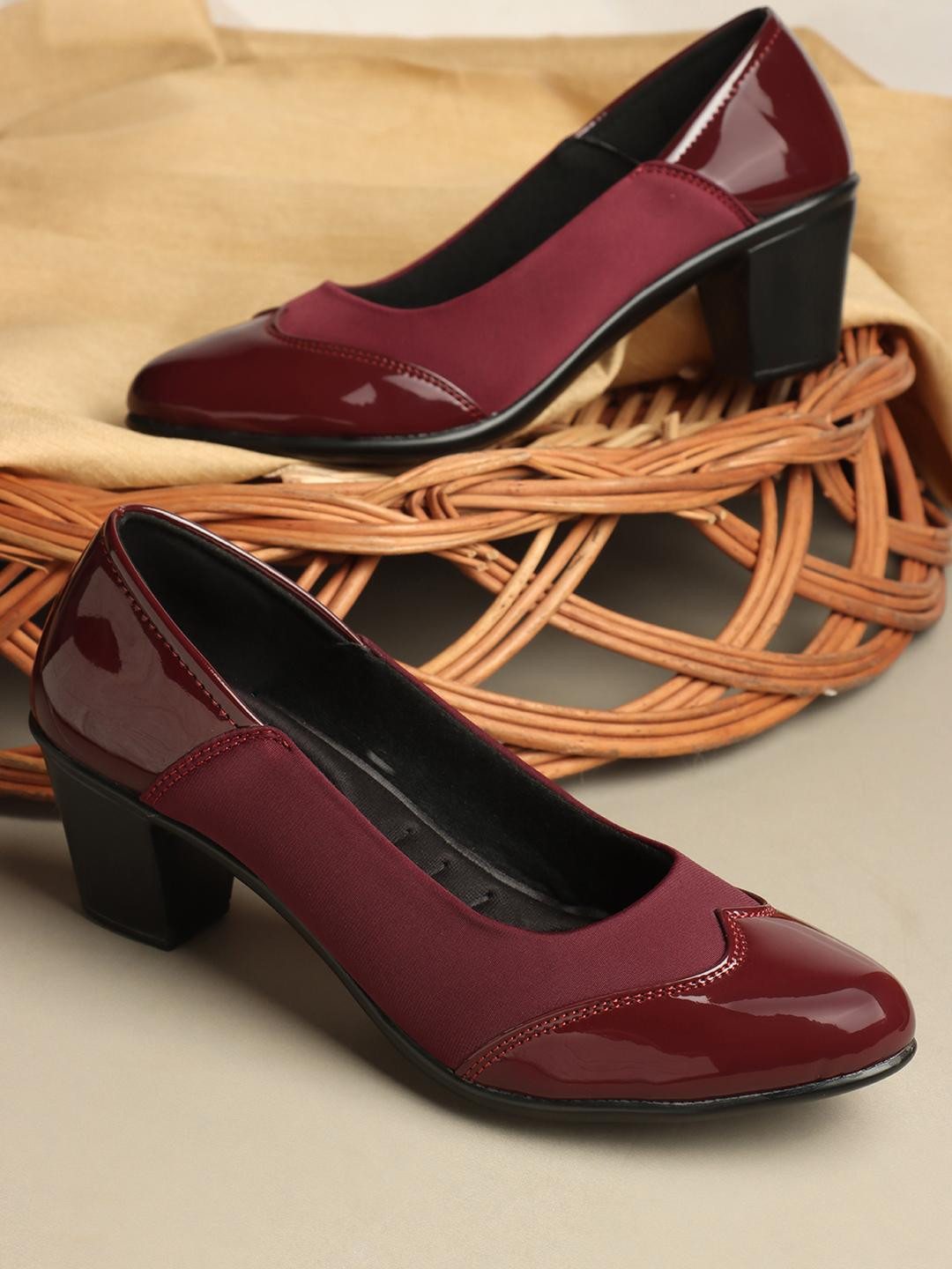 Dollphin Women Maroon Synthetic Patent Textured Block Pumps