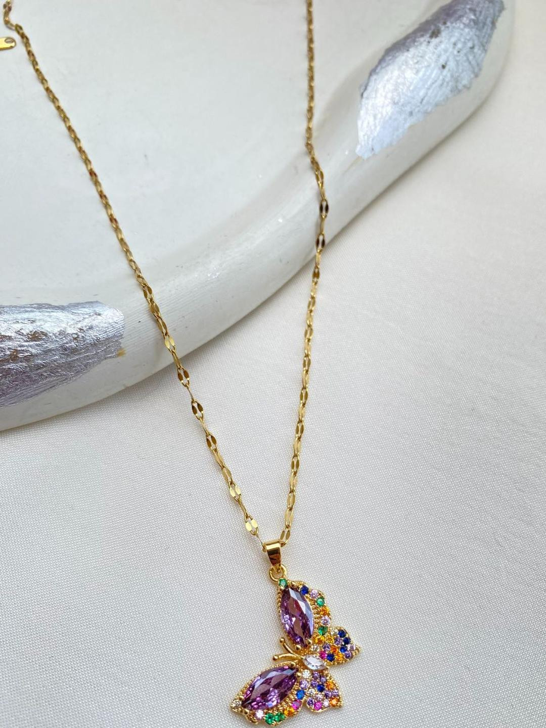 SZN Women Purple & Gold-Plated Butterfly Charm Rhinestone Studded Stainless Steel Chain