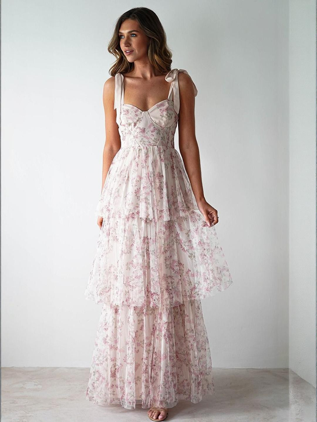 bebe Pink Floral Print Tie Straps Bustier Tiered Maxi Dress