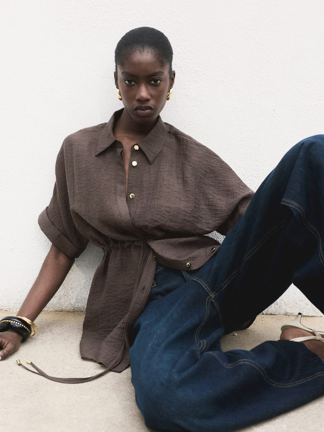 MANGO Crinkled Effect Extended Sleeves Adjustable Waist Longline Shirt