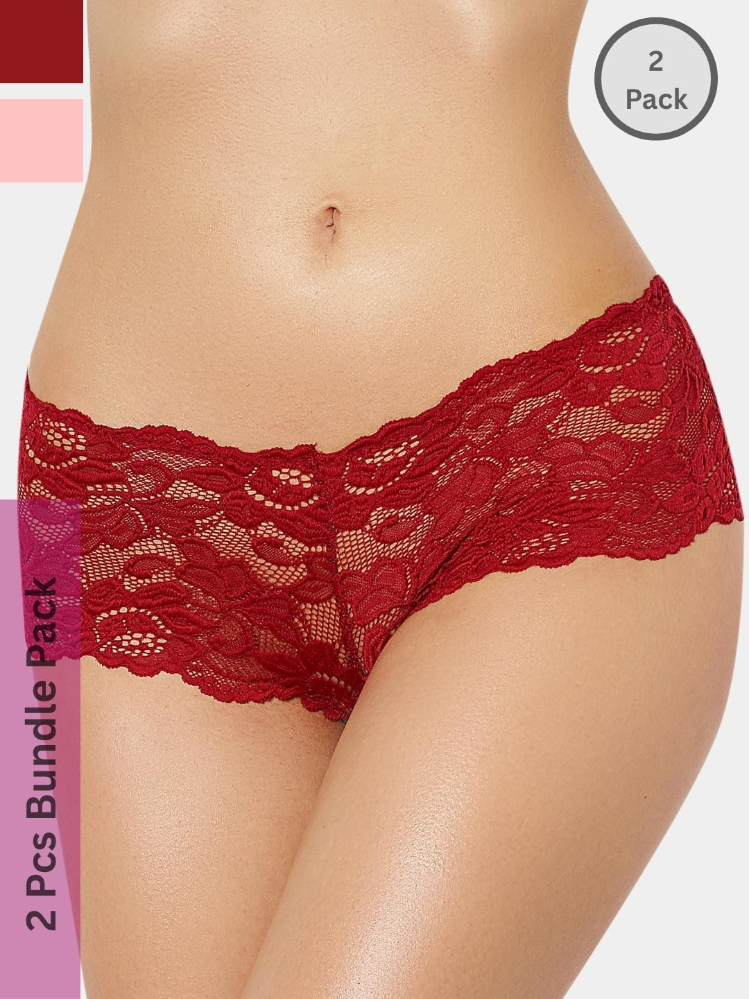 LoveAasan Women Pack of 2 Maroon & Pink Lace Hipster Panty