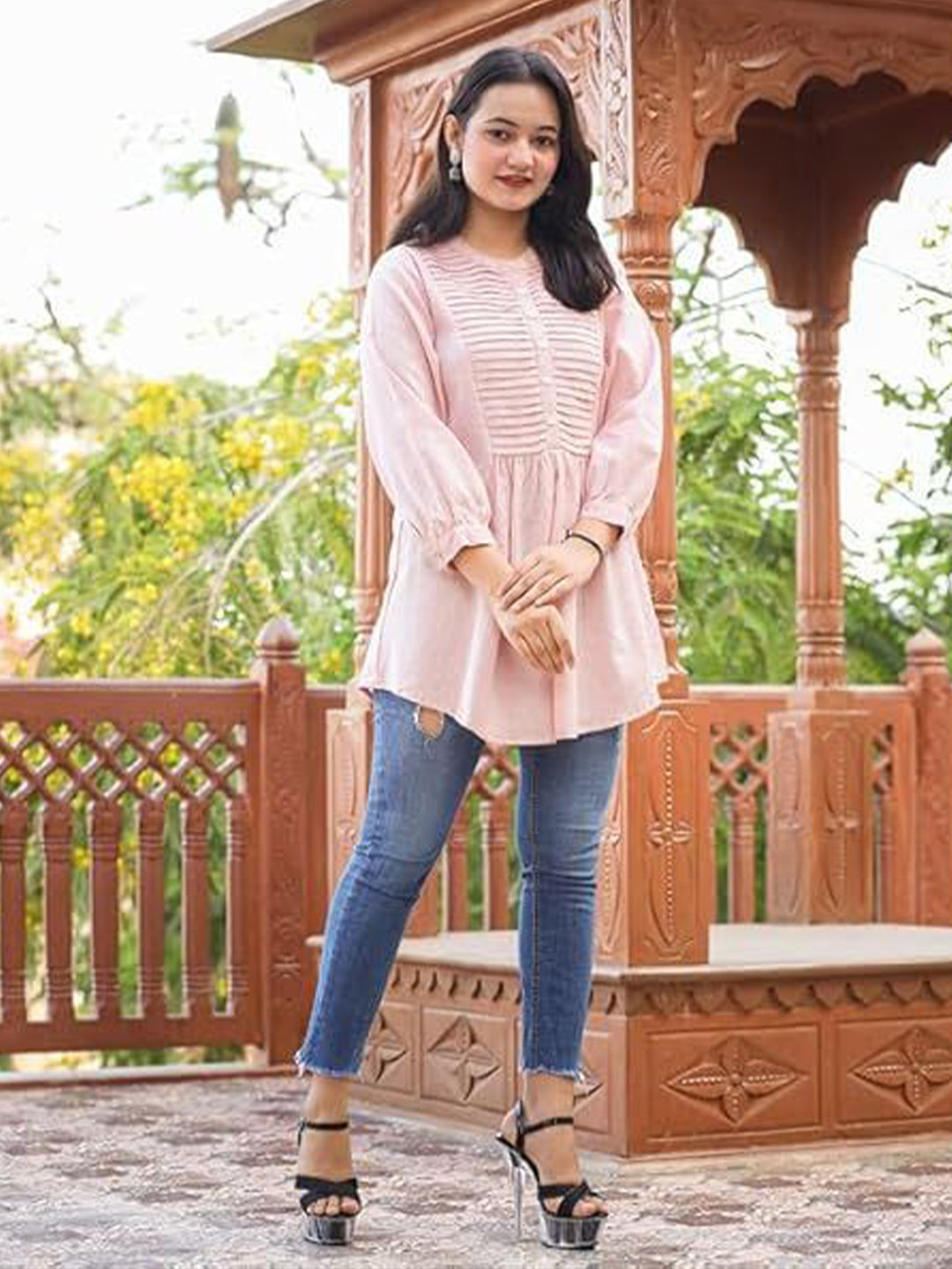 SYMPLE Women Pleated Bell Sleeve Cotton Top