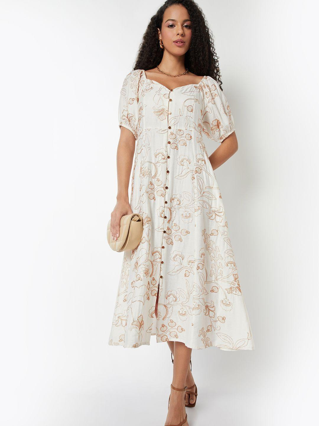 max Women Floral Printed Puff Sleeves Smocked Detail Shift Midi Dress