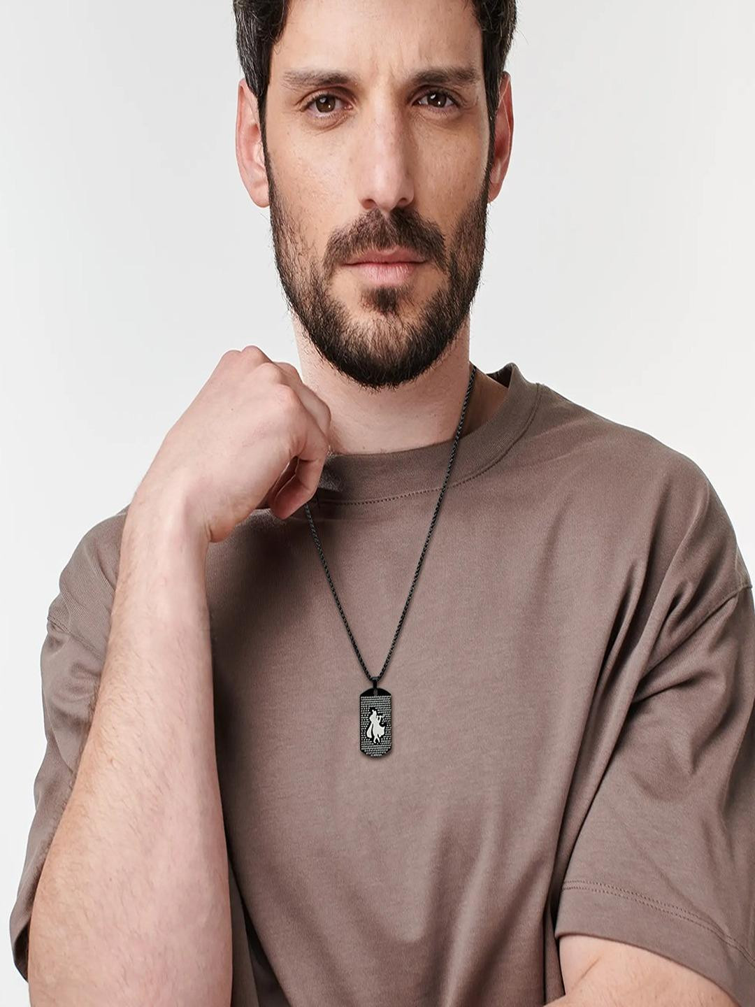 Jewelgenics Men Black Krishna Mantra Micro-Carved Tag Pendant Chain Necklace