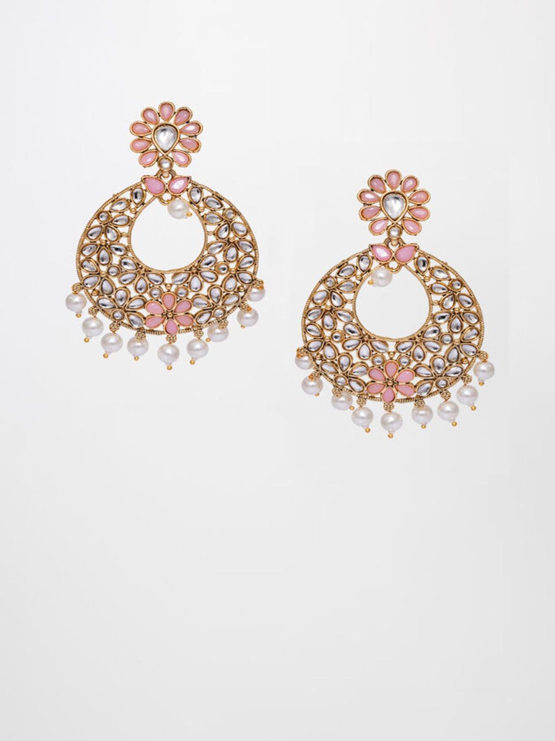 HENA DESIGNS LLP Artificial Stone Studded & Pearls Beaded Teardrop Shaped Drop Earrings