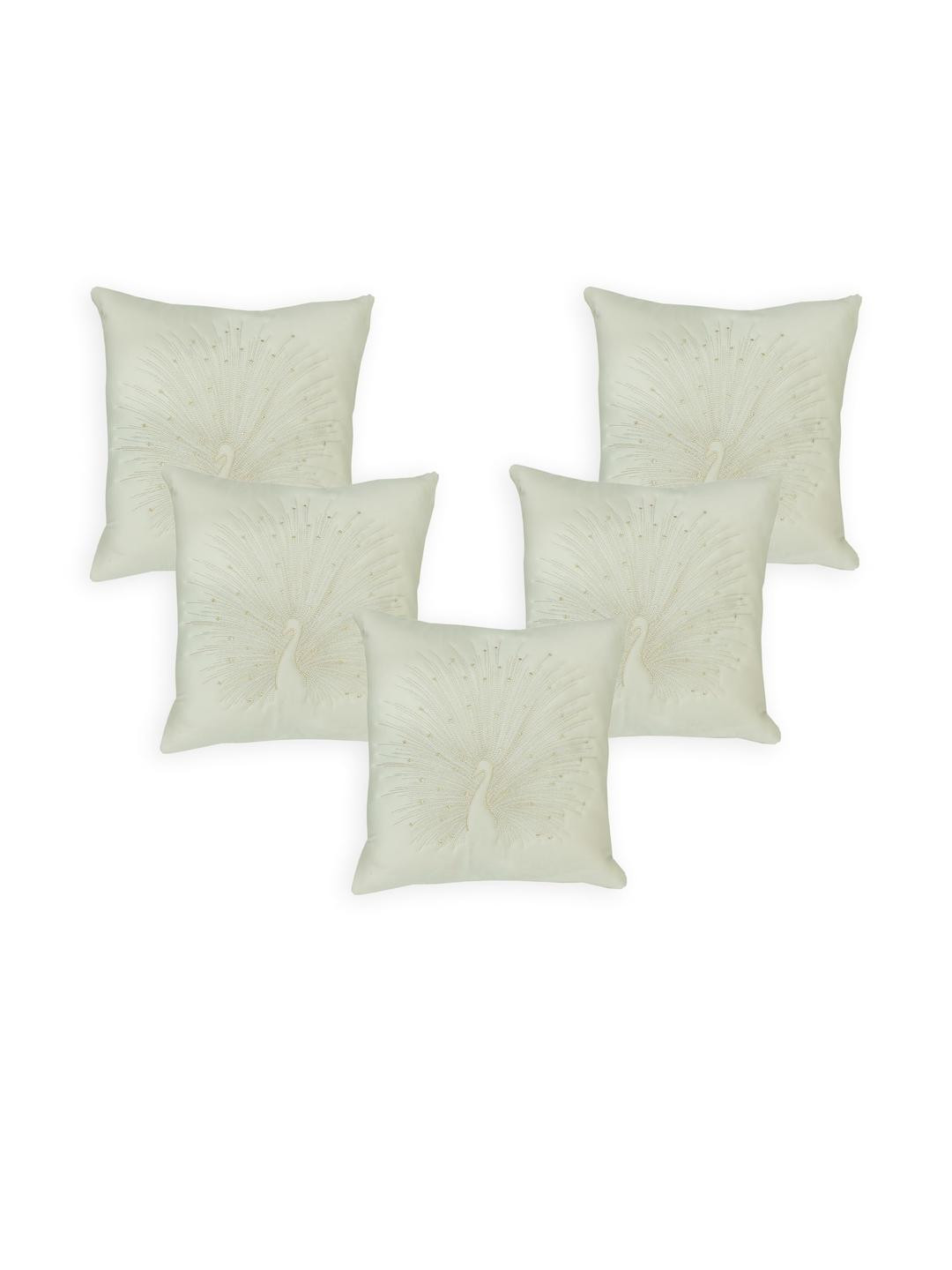 Sun Rise Cream-Coloured Set of 5 Square Shape Peacock Embroidered Cushion Covers