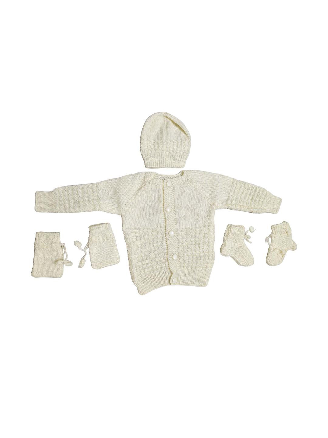 Cute Collection Unisex Kids Off White Woolen Sweater With Cap and Socks and Mitten Set