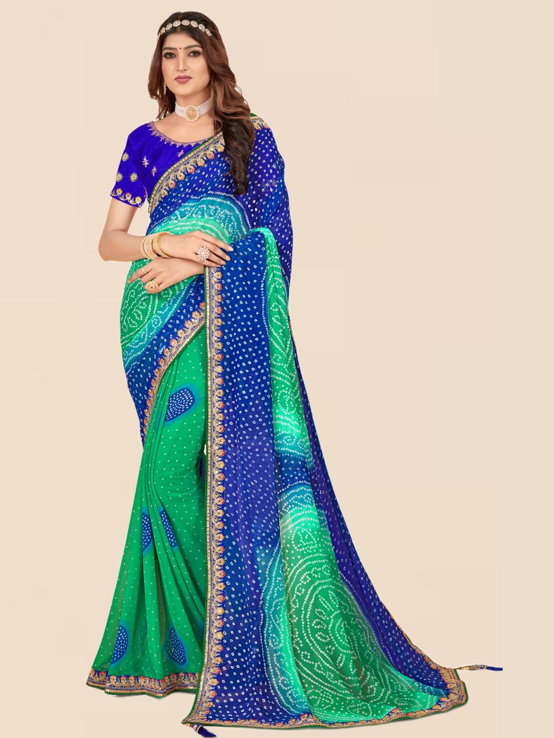 KALINI Women Georgette Bandhani Saree With Unstitched Blouse Piece