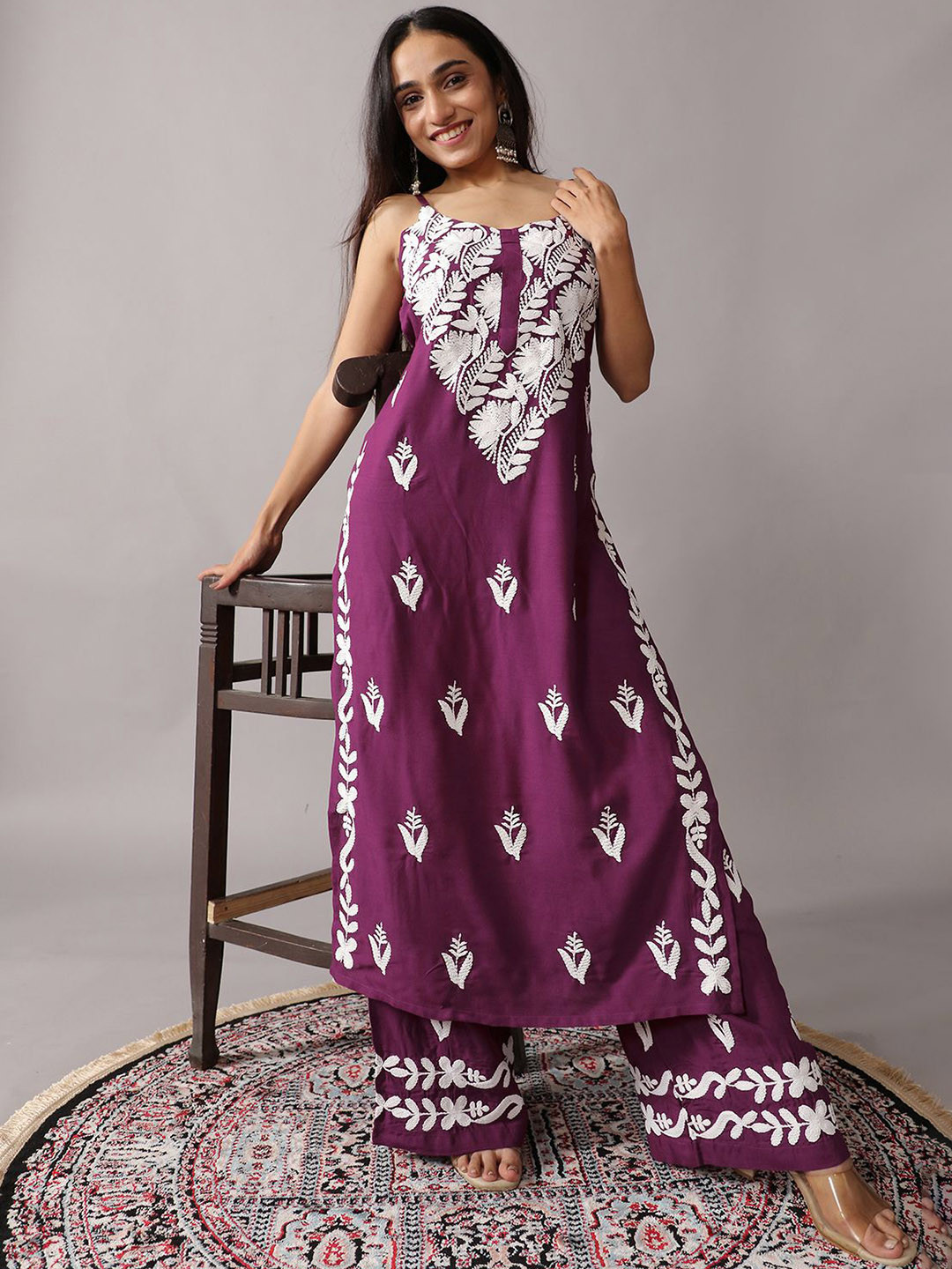 colorkosh Women Purple Woven Design Embroidered Kurta with Palazzos Set
