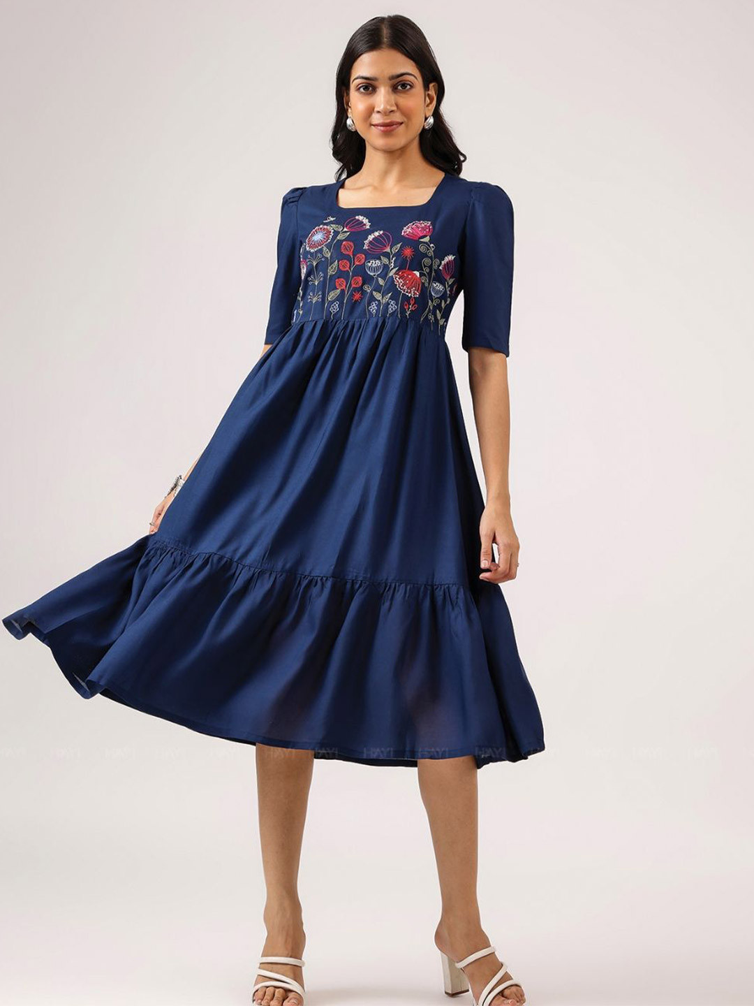 HAY Women Floral Embroidered Puff Sleeve Tiered Pleated Detail Fit and Flare Midi Dress
