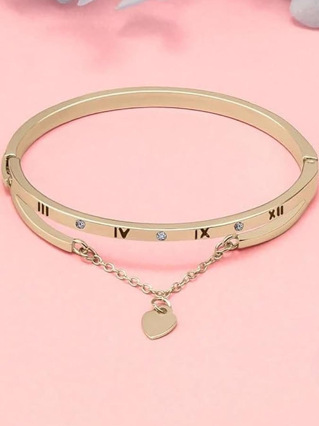 DressBerry Women Golden Roman Numerals Heart Pendant Charm Bangle Bracelet
