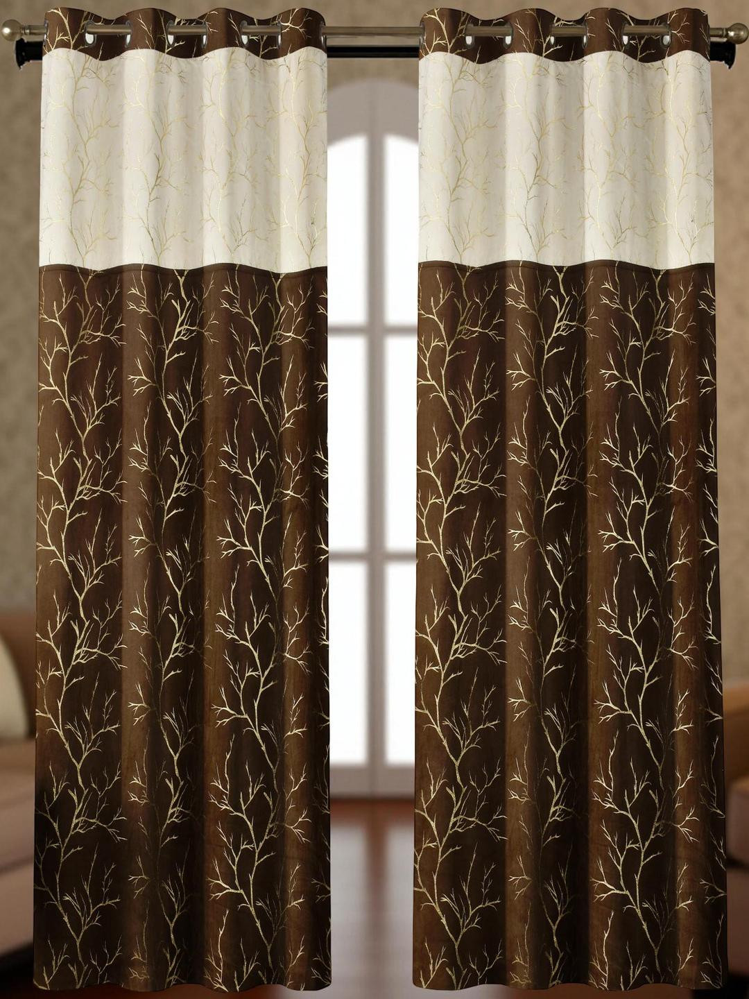 IVAZA Set of 2 Coffee Brown Floral Black Out Long Door Curtain