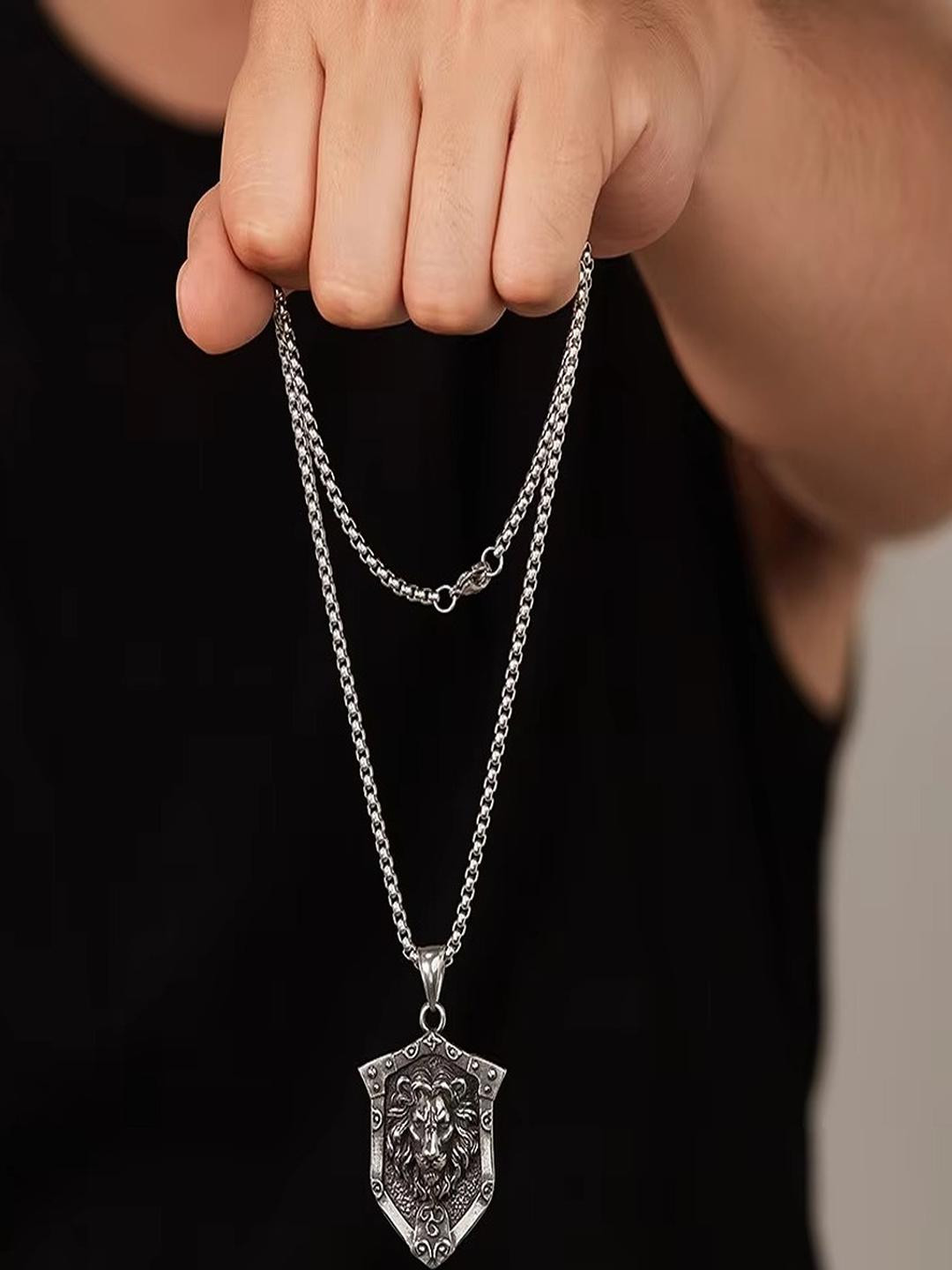 Jewelgenics Silver Plated Oxidised Jungle King Lion Head Pendant with Chain