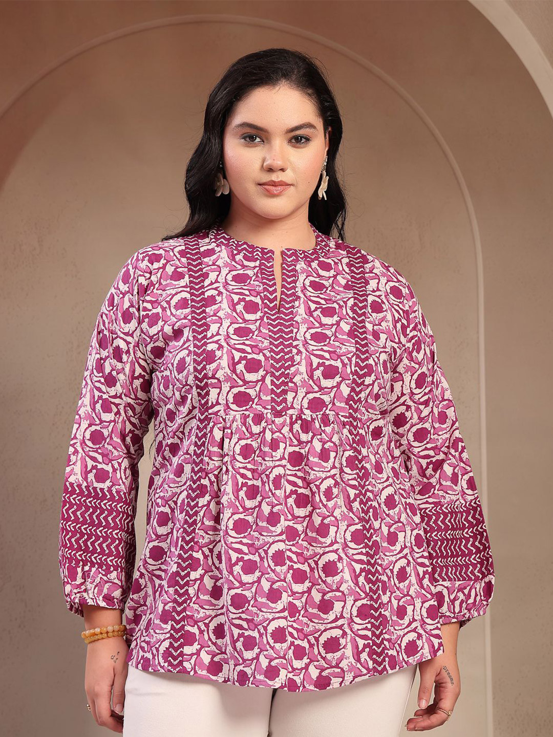 Little More By Stylum Plus Size Printed Mandarin Collar Puff Sleeve Cotton A-Line Top