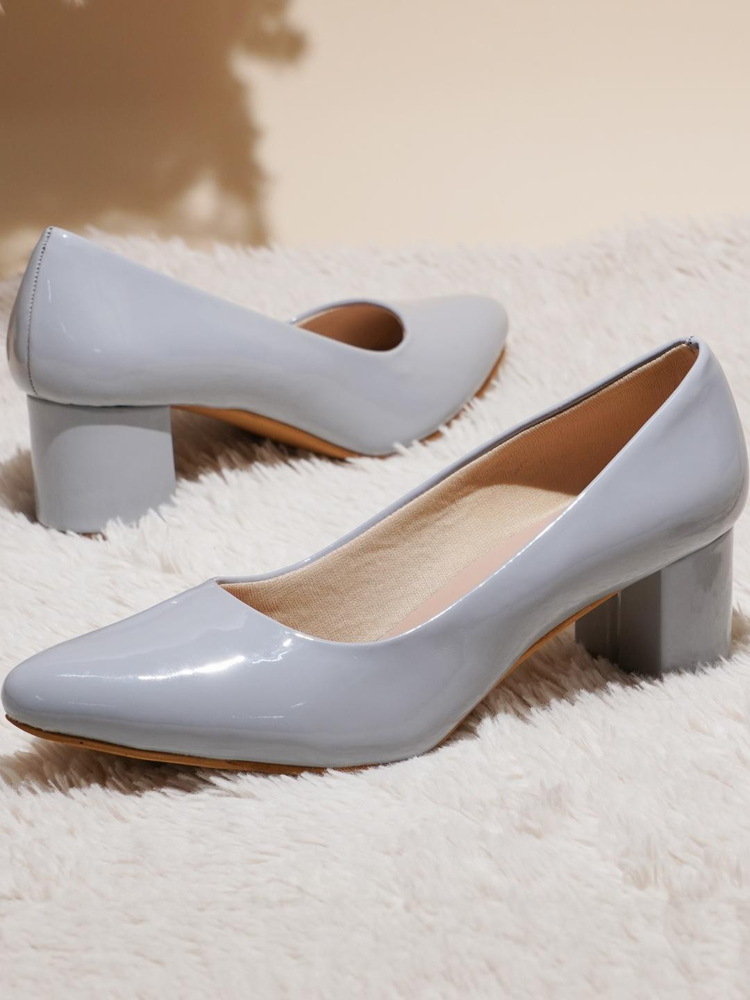 Dollphin Women Grey Pointed Toe Closed Back Solid Synthetic Block Heel Pumps