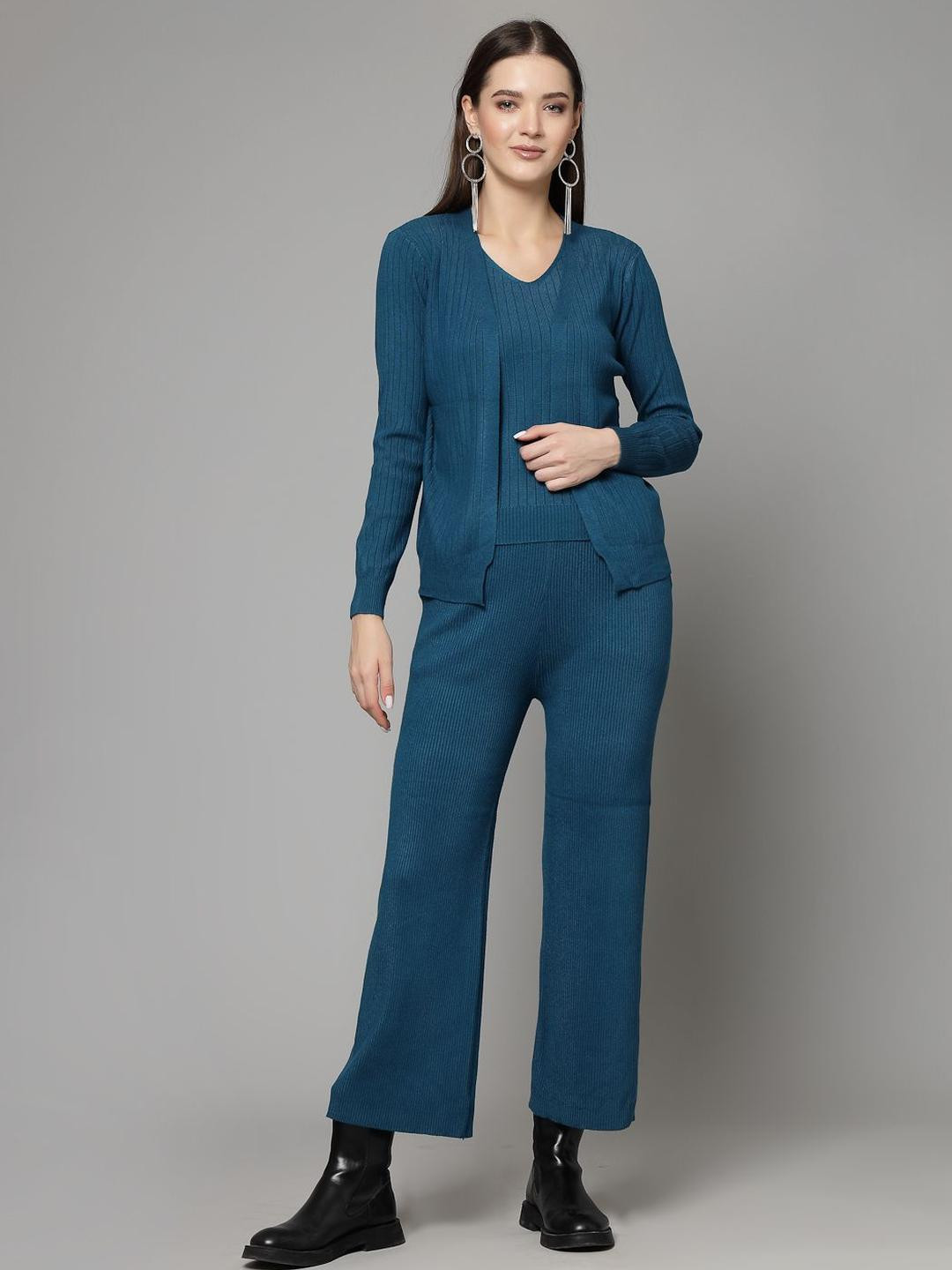 Mafadeny Women 3-Piece V-Neck Co-ord Set with Inner Cami & Wide-Leg Pants