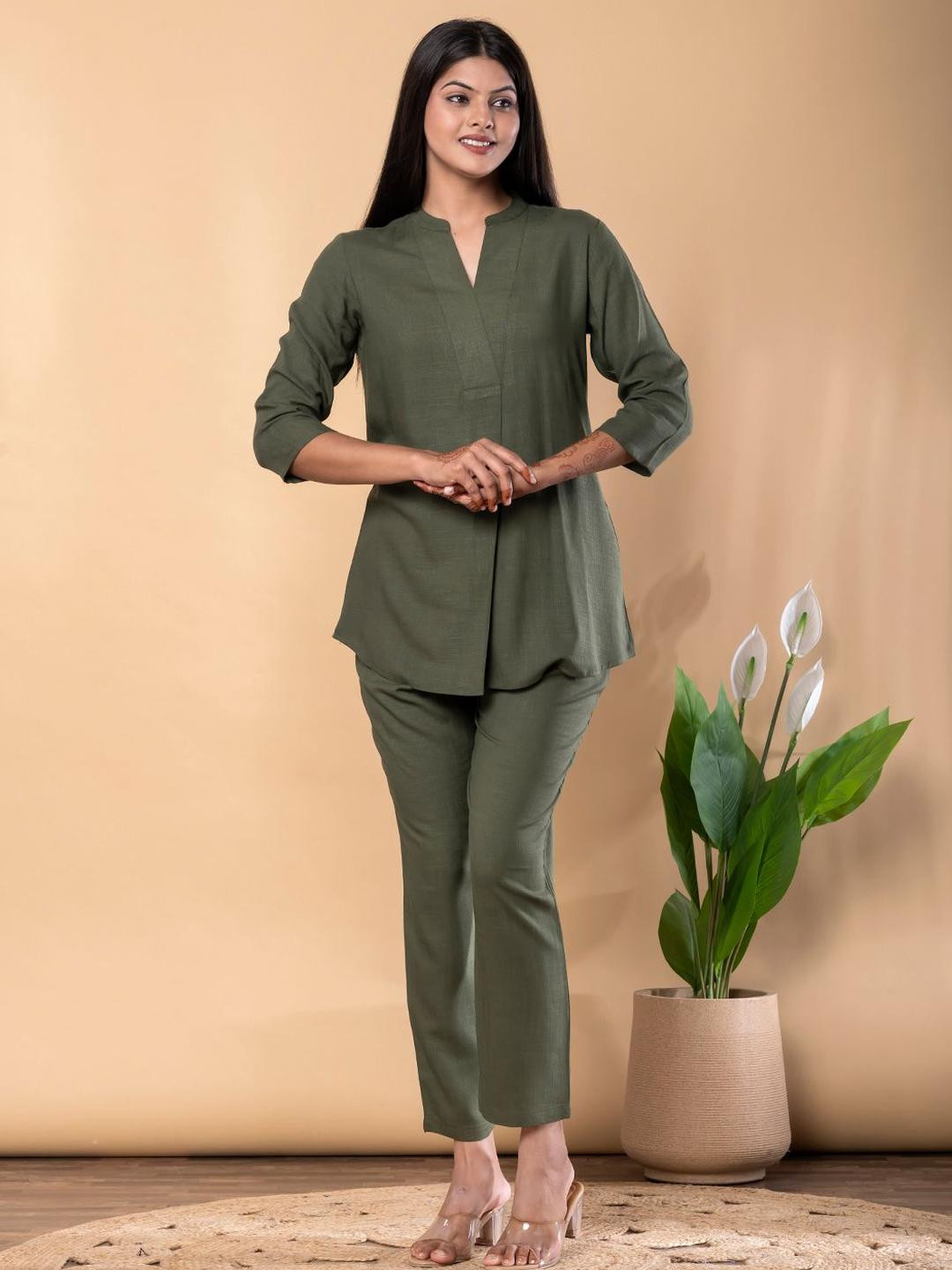 Readiprint Women Mandarin-Collar Straight Linen Tunic With Palazzo Co-Ords
